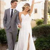 Wedding Dress Beach Boho Side Slit Split Spaghetti Strap A-Line Bridal Gowns Court Train Chiffon Simple Lace Appliques 14W